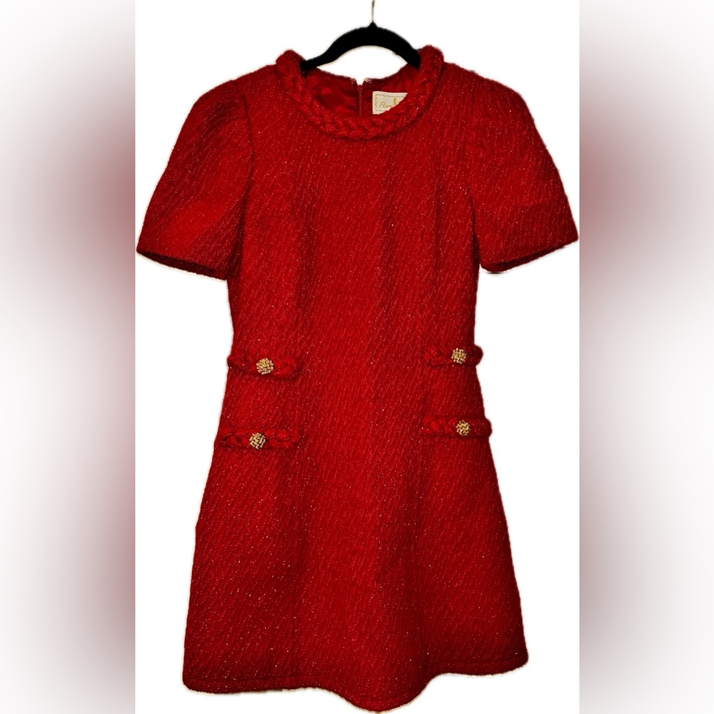 Red Winter Dress with Gold Weave and Braided Collar with Pockets